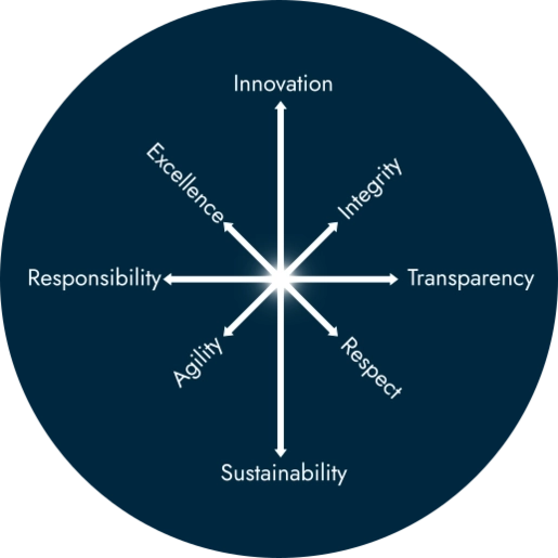 Stilisierter Stern mit acht Strahlen, an deren Ende jeweils einer der folgenden Werte steht: Innovation, Integrity, Transparency, Respect, Sustainability, Agility, Responsibility, Excellence.